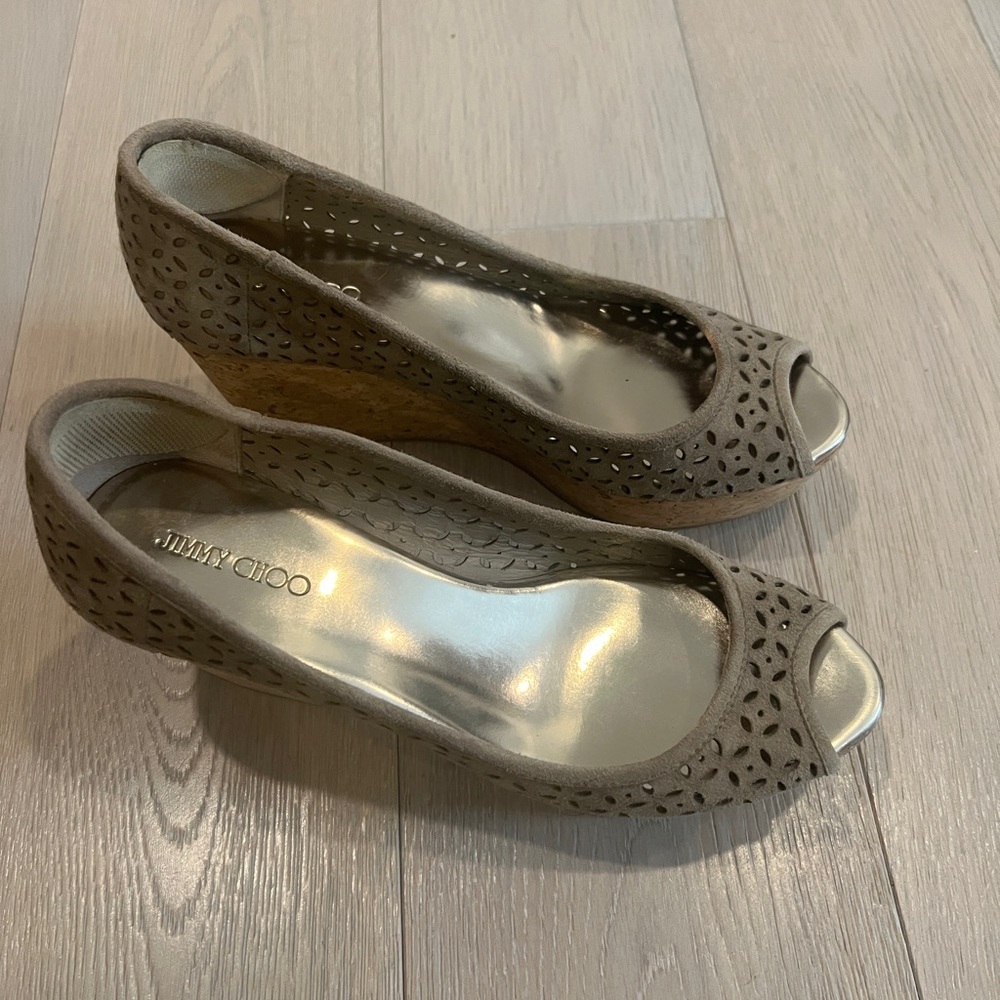 Jimmy Choo Suede platform peep toe wedges. Size 39/8.5. Excellent condition